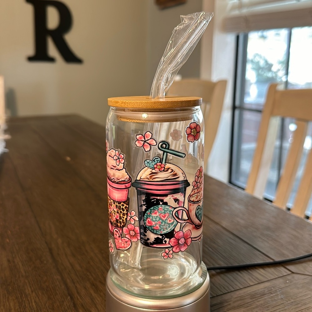 NEW - UV DTF Coffee / Mom Fuel design 16 oz can shaped glass cup .